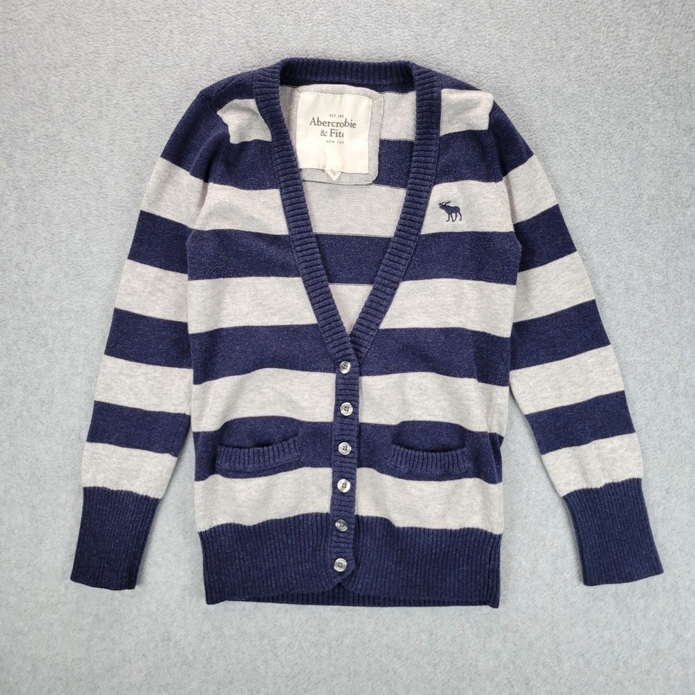 Abercrombie & Fitch Cardigan Womens Small Blue Gray Striped V-Neck Cotton Bella